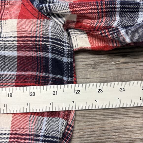 Lucky Brand Red Blue Mens L Saturday Stretch Plaid Flannel Pearl Snap Shirt - Picture 7 of 9
